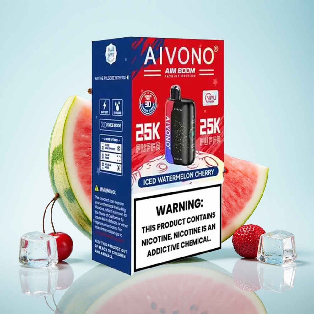Aivono AIM BOOM 25000 Puffs Disposable Vape 28ml Jäähtynyt Vesimeloni-Kirsikka 0-5 Nikotiinia
