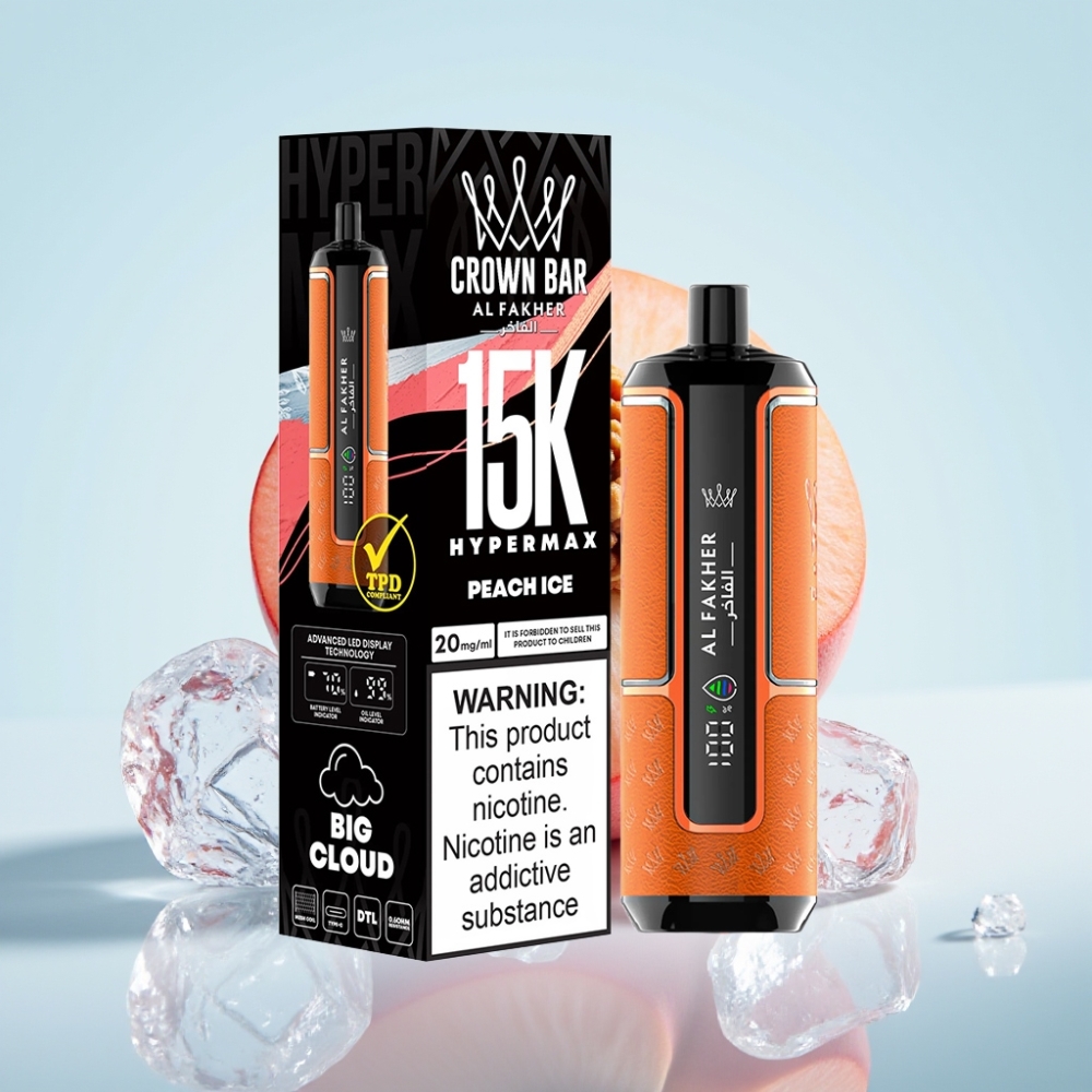 Al Fakher Crown Bar 15K Hypermax 22ml 6mg/mg Type-C Persikka-Jää Disposable Vape