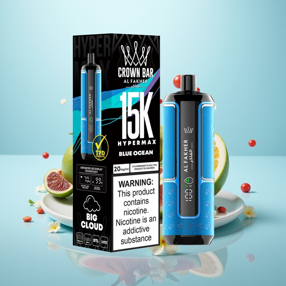 Al Fakher Crown Bar 15K Hypermax Disposable Vape Kit Sininen Meri – 22ml 15 000 tupaa 6mg/ml Type-C