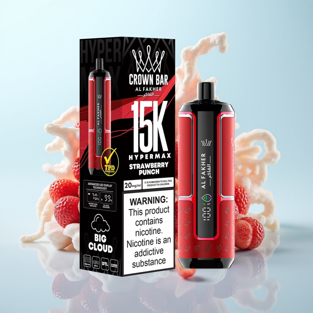 Al Fakher Crown Bar 15K Hypermax Kertakäyttö Vape - Mansikkapommi 15000 tupakkaa 22ml 6mg/ml Type-C