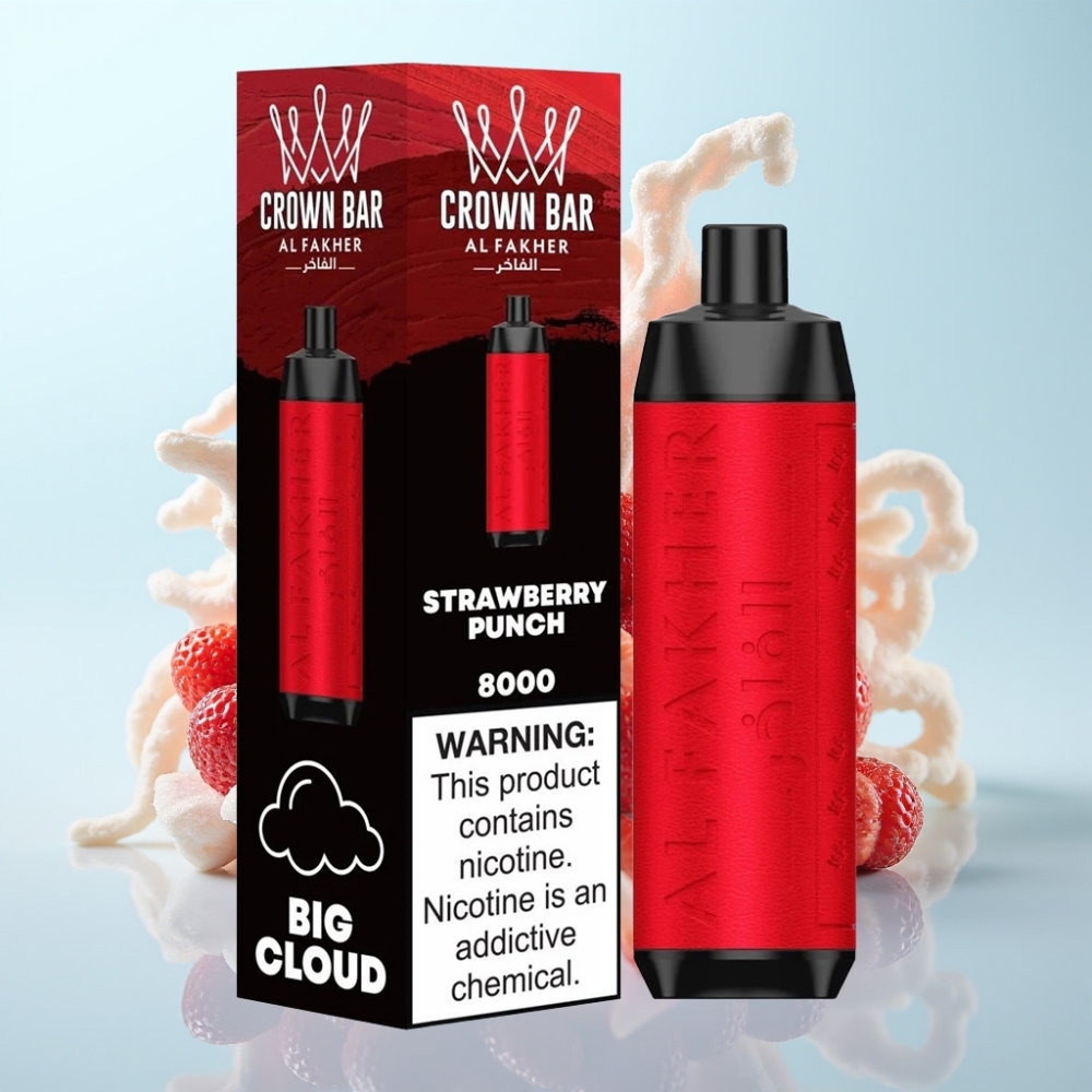Al Fakher Crown Bar 8000 Crystal Disposable Vape – Mansikkapommi 8000 tupakkaa 18ml nestettä USB-C