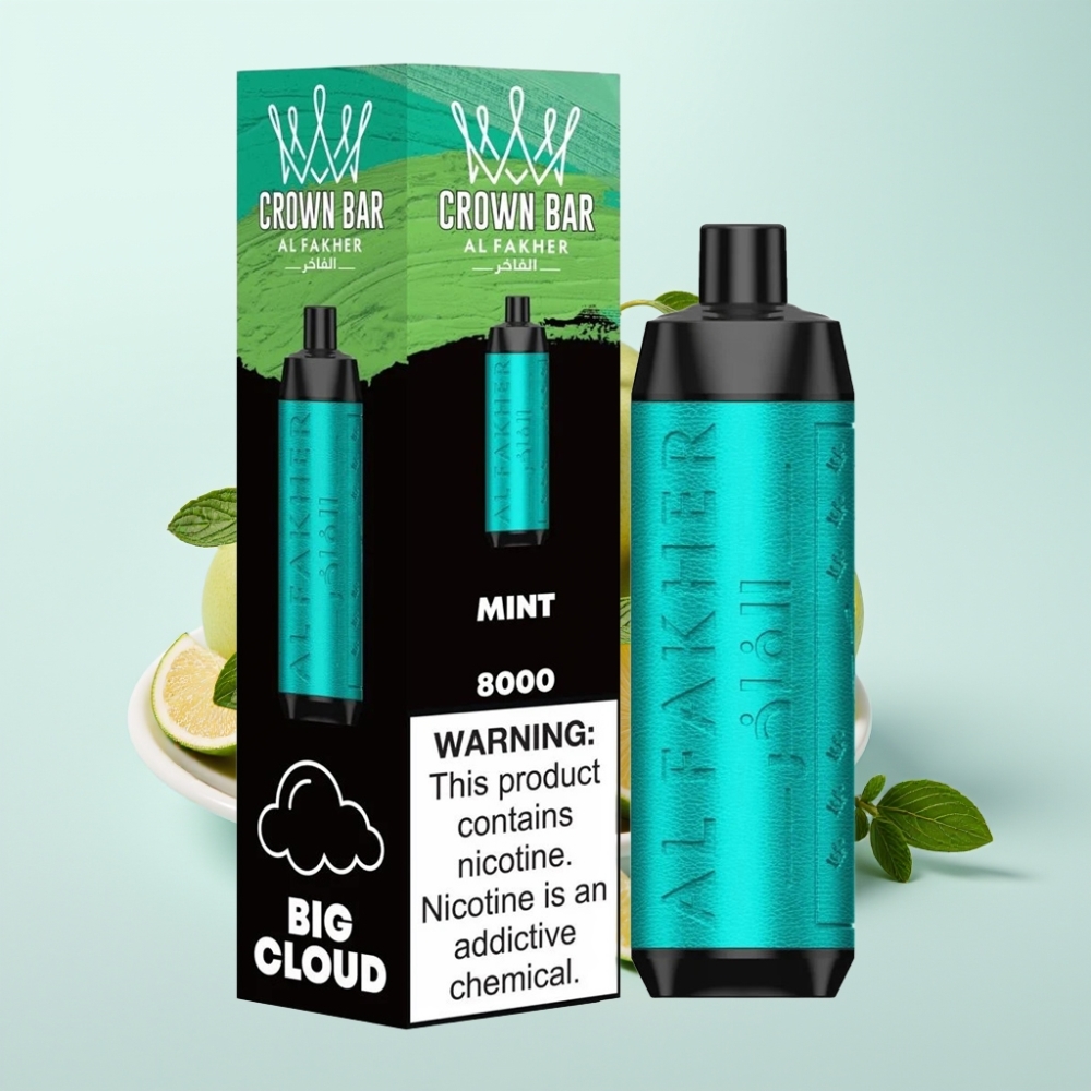 Al Fakher Crown Bar 8000 Crystal Kertakäyttöinen Vape Mint – 8000 savutusta 18ml nestettä 5mg nikotiinia USB-C-lataus