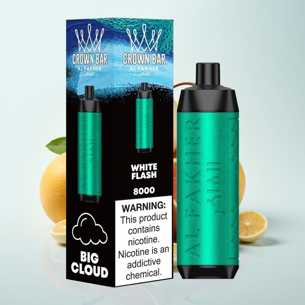 Al Fakher Crown Bar 8000 Crystal Kertakäyttöinen Vape Valkoinen Leimahdus – 8000 tupaa 18ml nestettä 5mg nikotiinia USB-C-lataus
