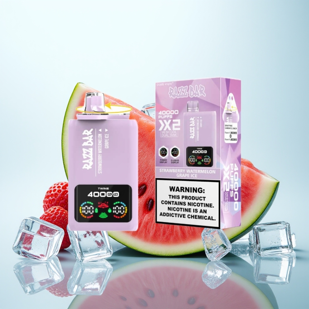 Razz Bar 40000 Puffs Disposable Vape – Mansikka-Arbuusi  Viinijää 10Ω×2 Mesh Coil 650 mAh Power Screen Display
