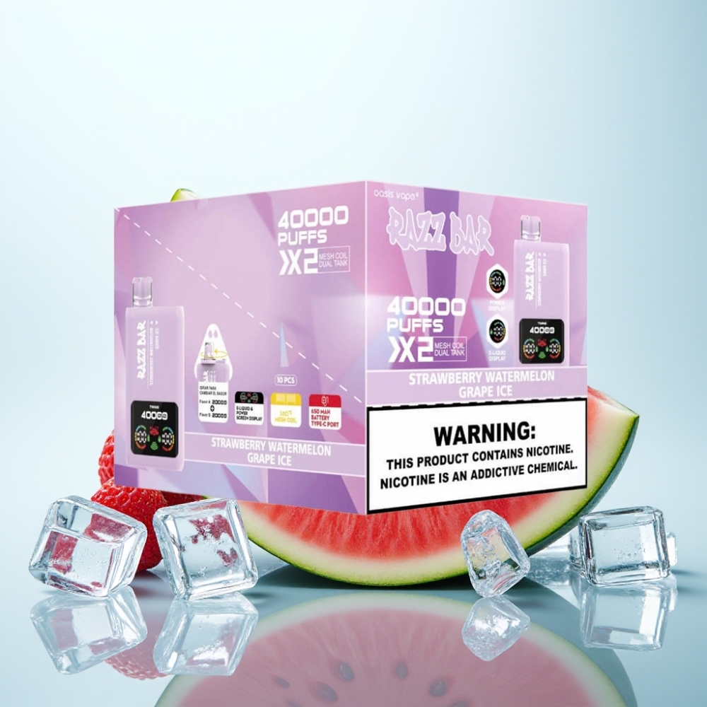 Razz Bar 40000 Puffs Disposable Vape – Mansikka-Arbuusi  Viinijää 10Ω×2 Mesh Coil 650 mAh Power Screen Display