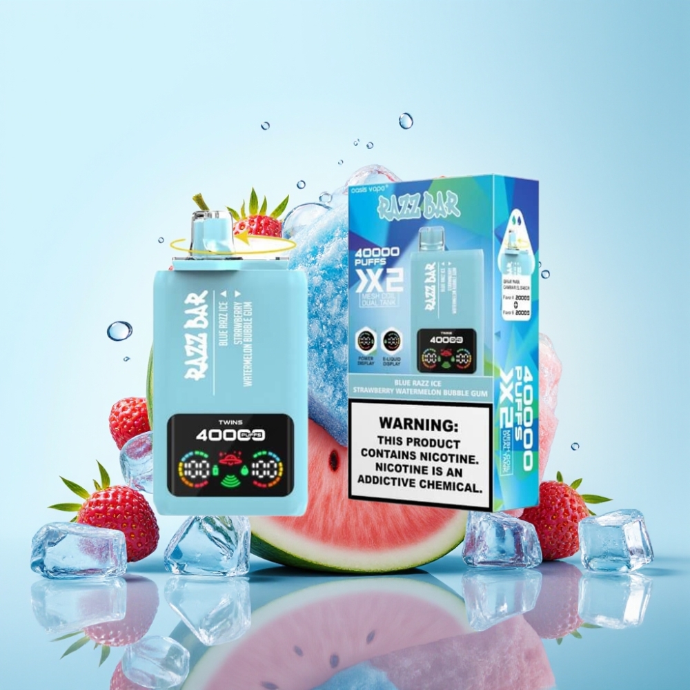Razz Bar 40000 Puffs Disposable Vape – Sininen Vadelma-Jäämansikka-Arbuzzi-Kuplakumi Näyttö 10Ω×2 Mesh Type-C