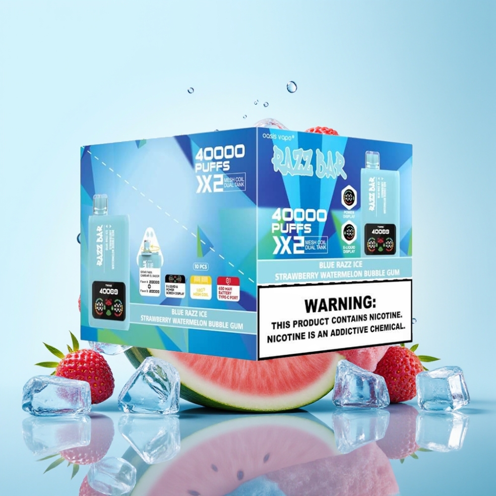 Razz Bar 40000 Puffs Disposable Vape – Sininen Vadelma-Jäämansikka-Arbuzzi-Kuplakumi Näyttö 10Ω×2 Mesh Type-C
