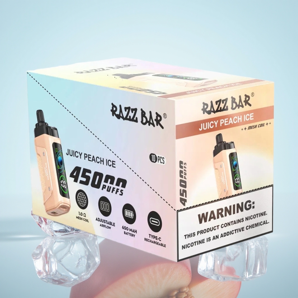 Razz Bar 45000 Puff Disposable Vape Mehevä Persikka Jää 10 Ohm Mesh Type-C