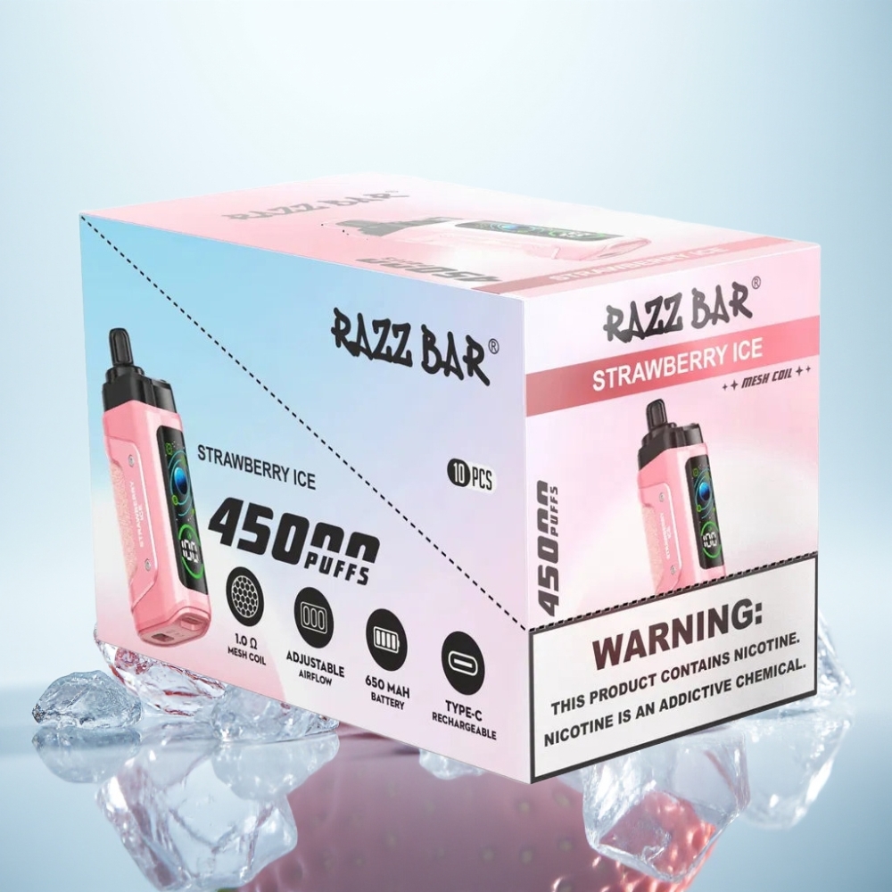 Razz Bar 45000 Puffs Disposable Vape Mansikka-Jää 10 Ohm Mesh Type-C 20 mg/ml
