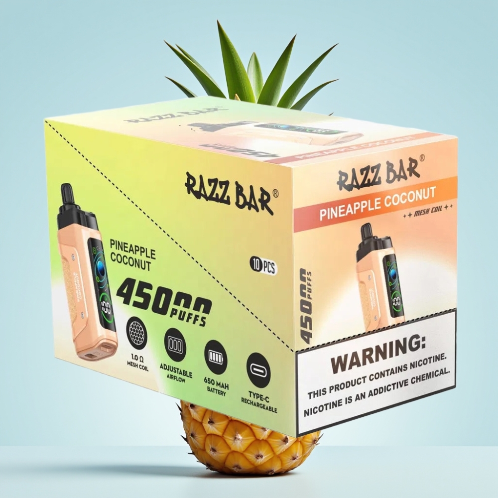 Razz Bar 45000 Puhallus Disposable Vape Ananas-Kookos 10 Ohm Mesh Säädettävä Ilmanvirtaus Type-C