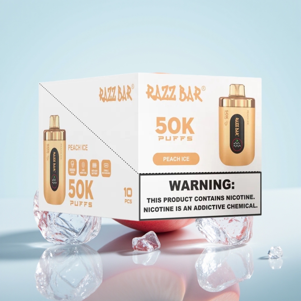 Razz Bar 50K Puffs Disposable Vape 10 Ohm Mesh 650mAh Type-C Persikka-Jää