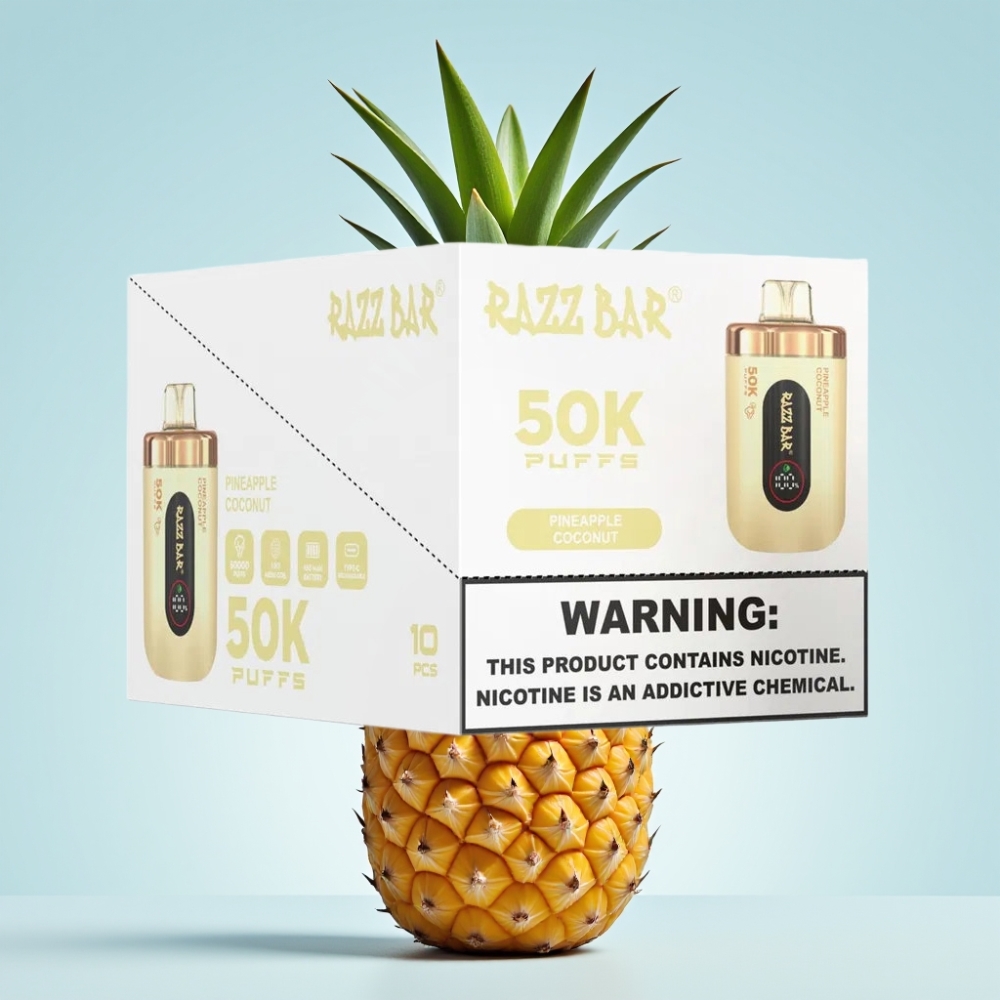 Razz Bar 50K Puffs Disposable Vape Ananas-Kookos 10 Ohm Mesh 650 mAh Type-C