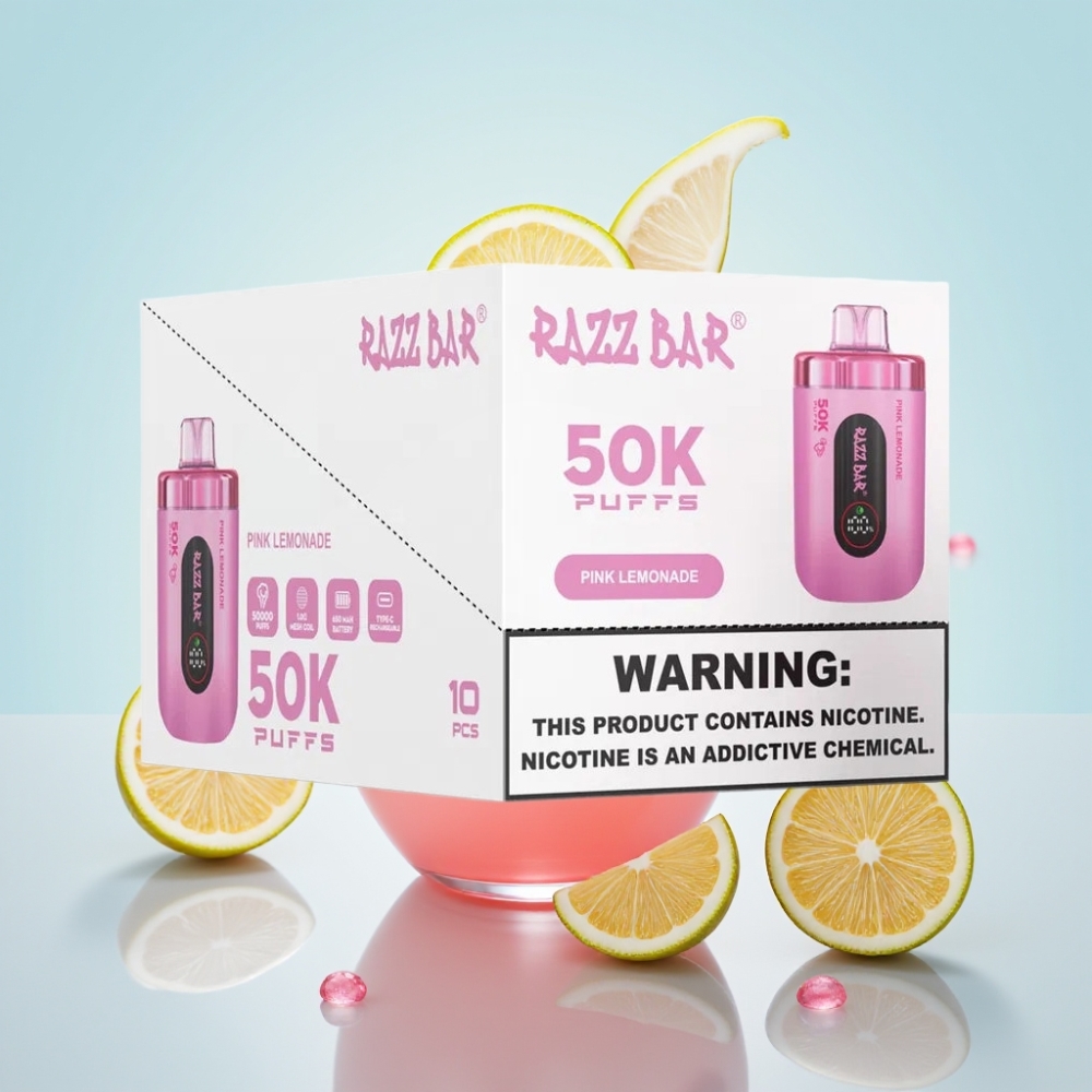 Razz Bar 50K Puffs Disposable Vape Vaaleanpunainen Sitruunalimsa – 50000 Tupakkaa 10 Ohm Mesh Type-C