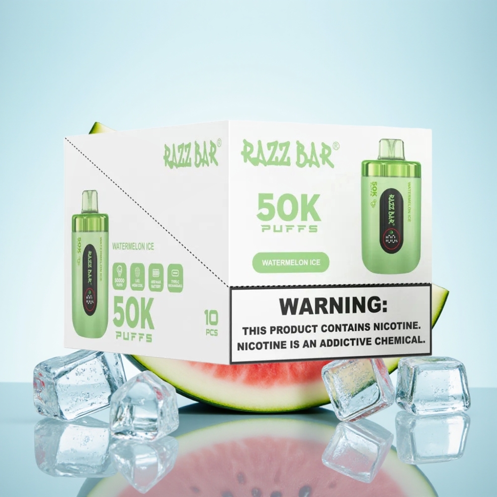 Razz Bar 50K Puffs Vesimeloni-Jää Uudelleenladattava Disposable Vape 10 Ohm Mesh 650mAh