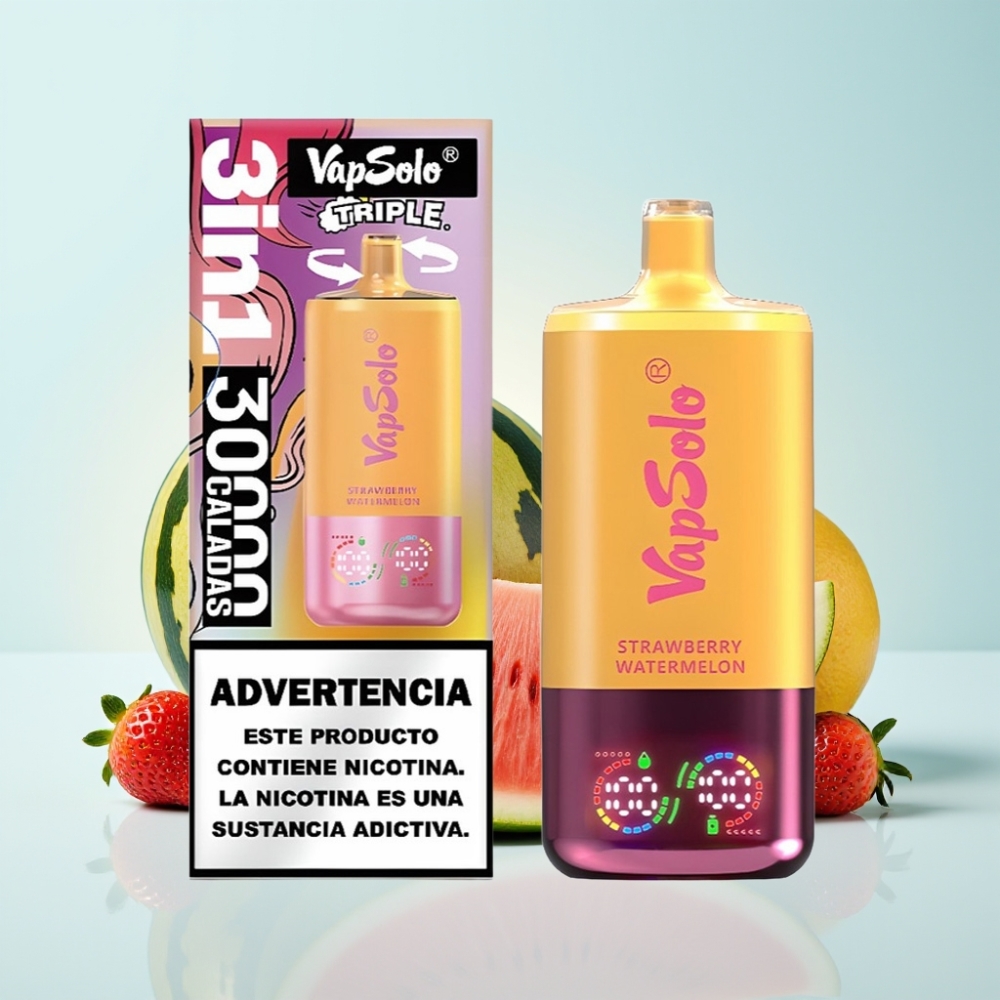 VapSolo Triple 30000 Puffs - Mansikka-Vesimeloni  Sitruuna-Persikka - 40ml - 20/50 mg/ml - Type-C