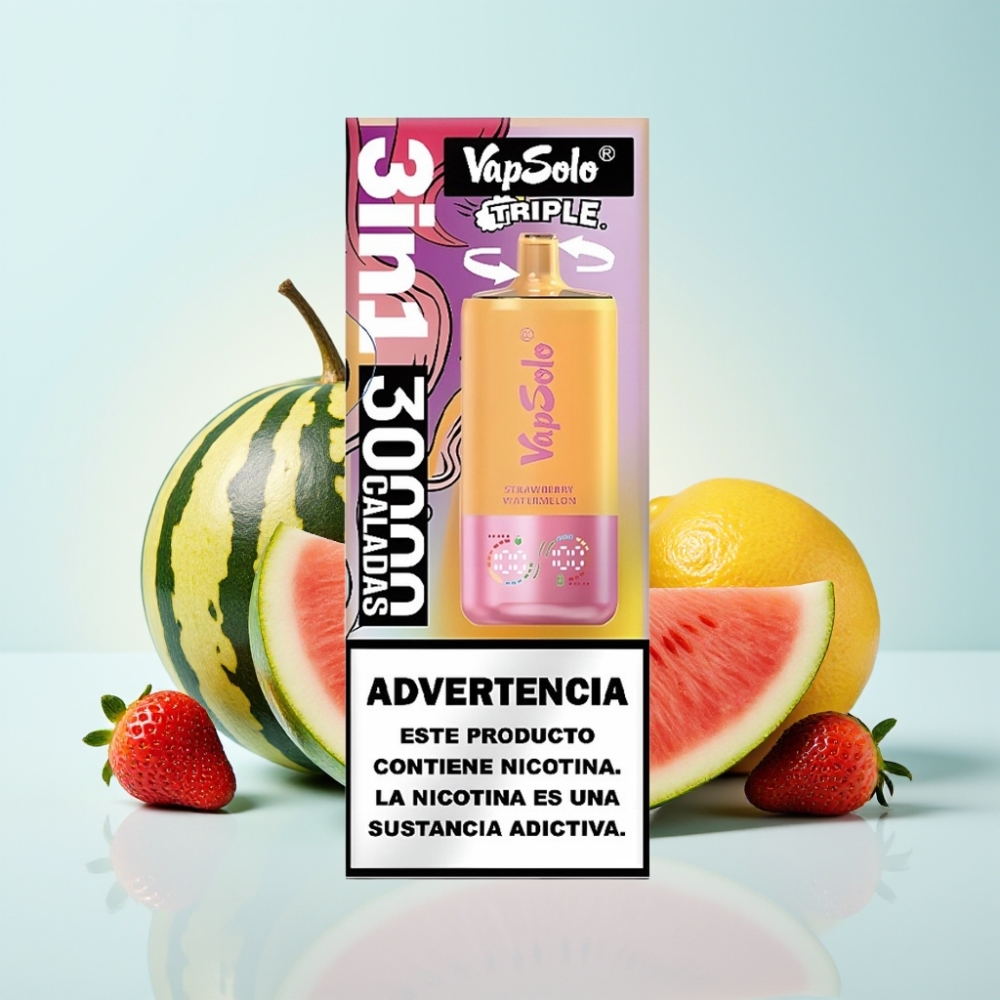 VapSolo Triple 30000 Puffs - Mansikka-Vesimeloni  Sitruuna-Persikka - 40ml - 20/50 mg/ml - Type-C