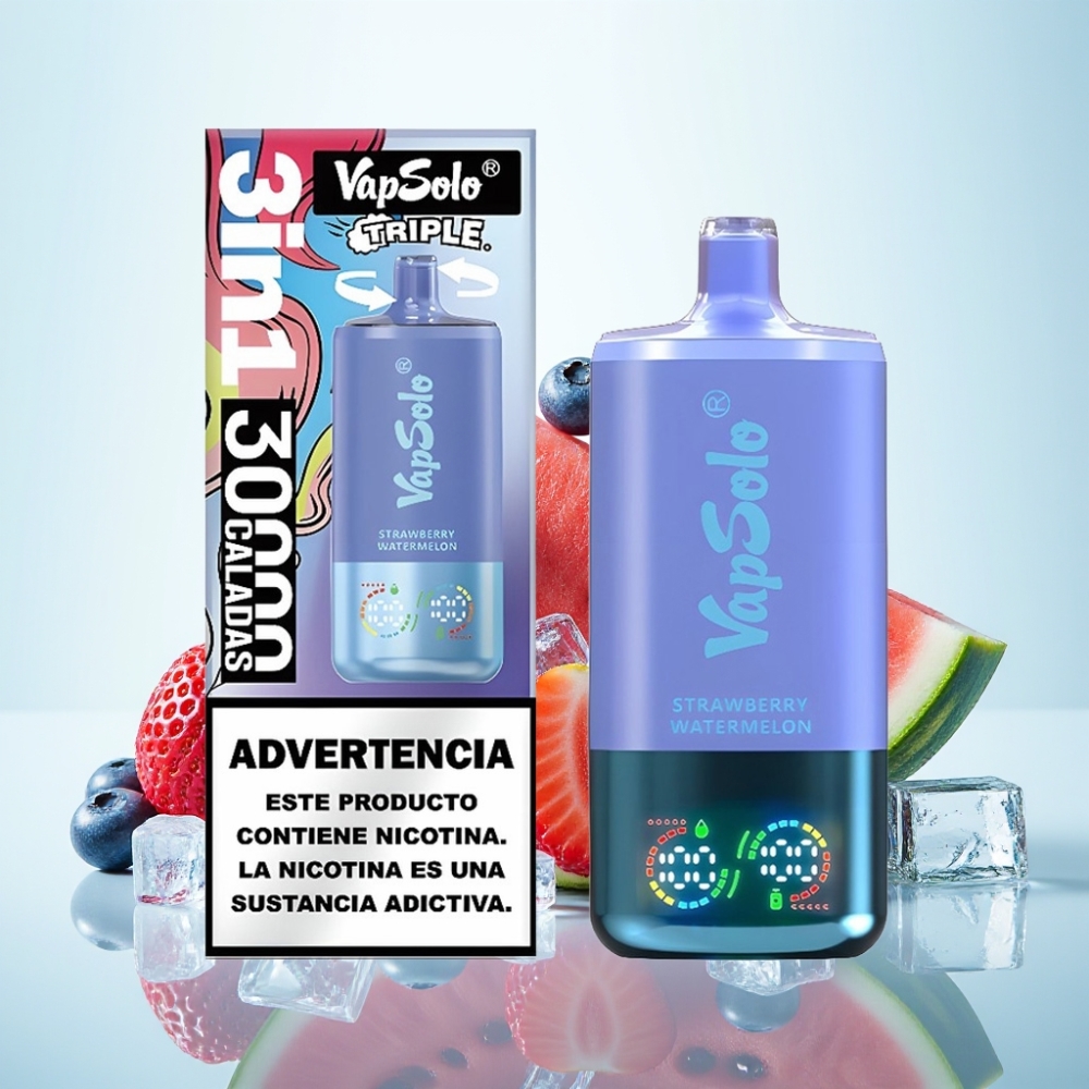 VapSolo Triple 30000 Puffs 40ml Mansikka-Vesimeloni  Mustikka-Jää - 3 öljytankkia Type-C