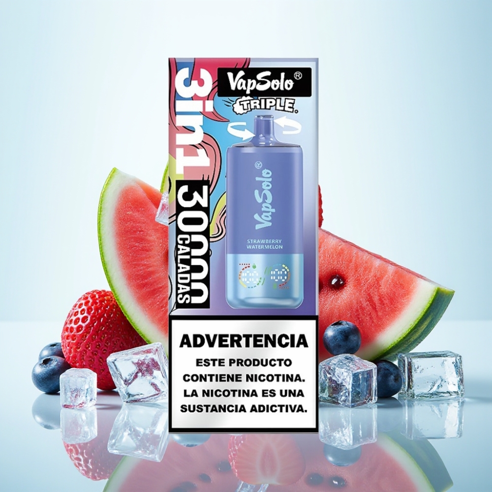 VapSolo Triple 30000 Puffs 40ml Mansikka-Vesimeloni  Mustikka-Jää - 3 öljytankkia Type-C